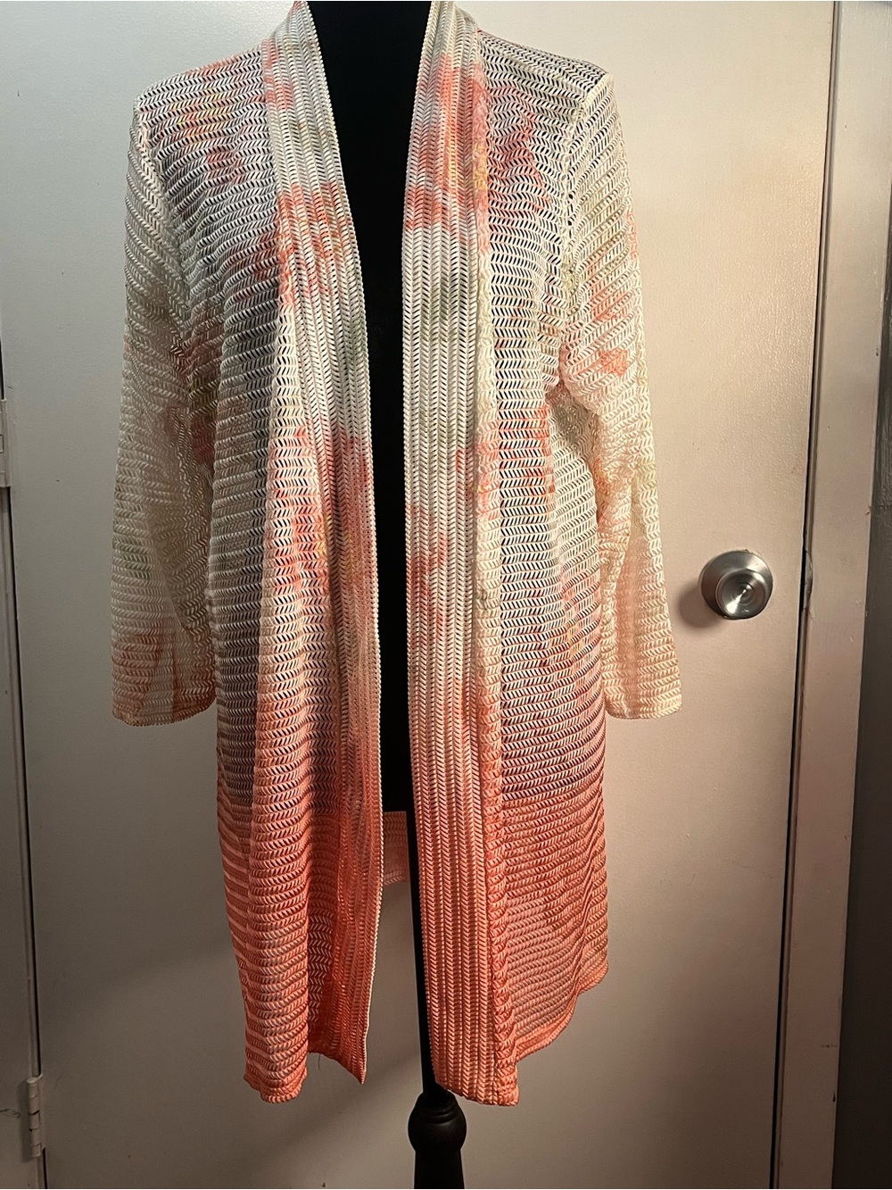 CALstyle White and Peach Open-Weave Draped Cardigan